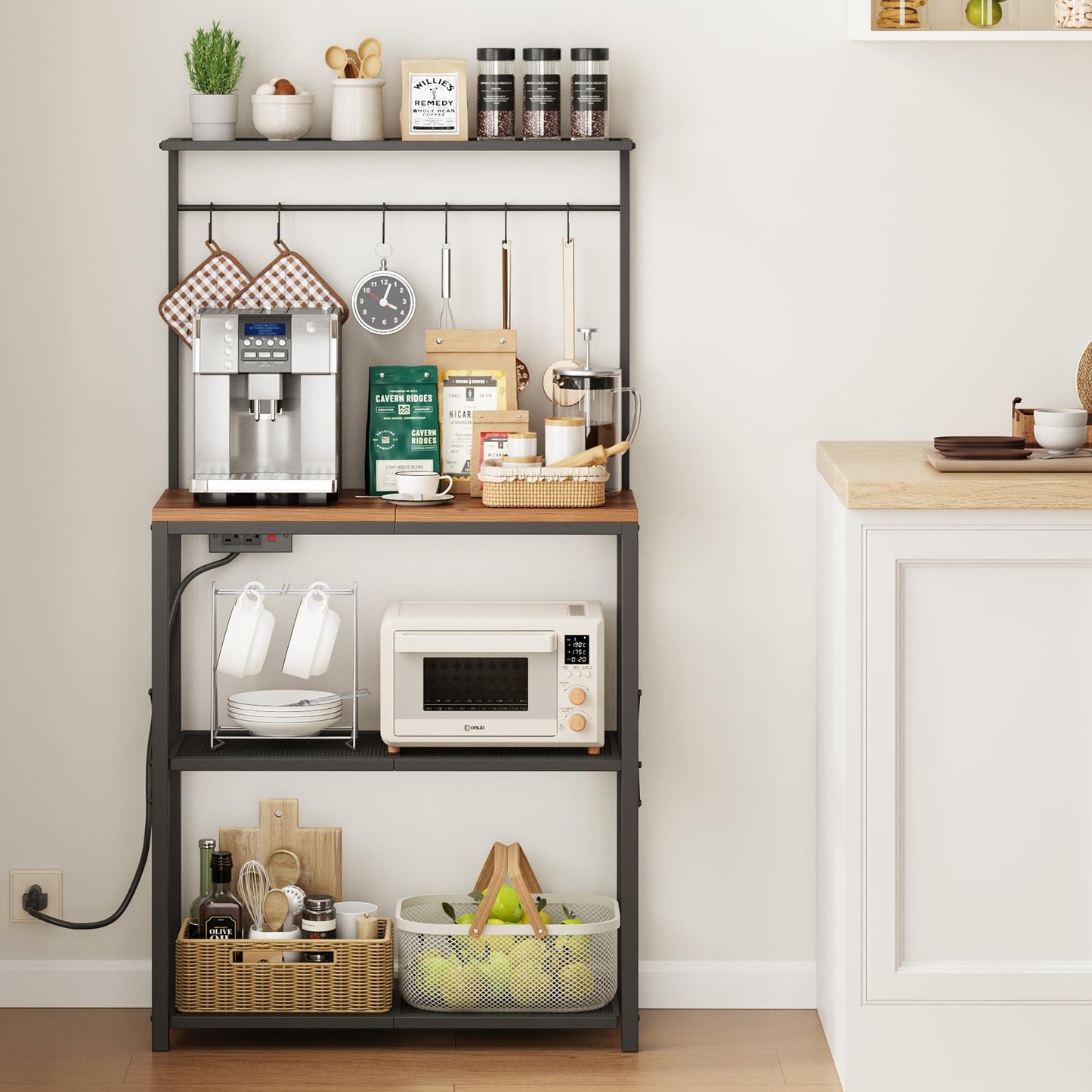 Txecpro kitchen Bakers Rack with Power Outlet, Coffee Bar Table 4 Tiers, Microwave Stand with 6 S-shaped Hooks, Kitchen Storage Shelf Rack for Spices, Pots and Pans,25.6" L x 12" W x 53.5" H