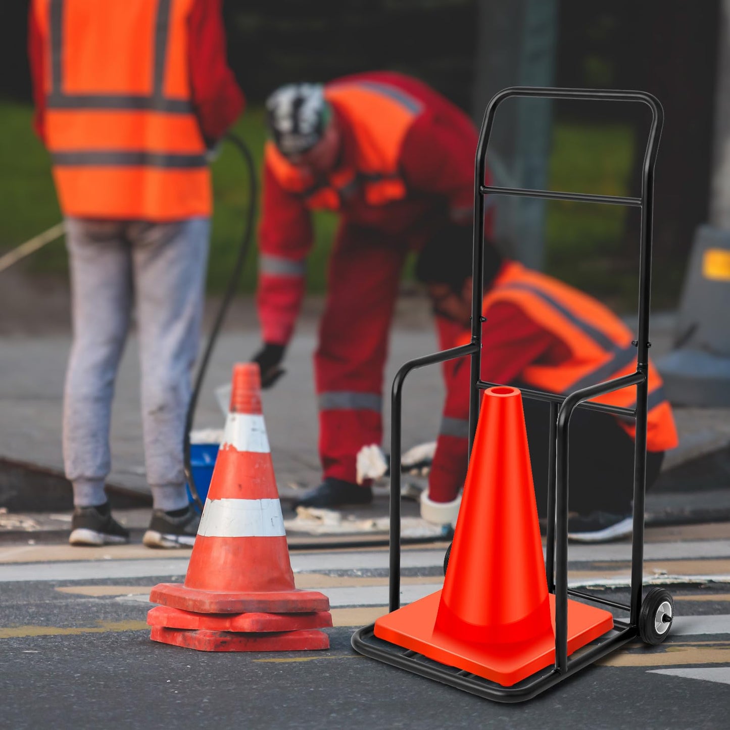 DaisyInner Traffic Cone Cart with Wheels 350 Lbs Capacity Storage Dolly Holder 18.5 w x 19.5 d x 49 h Black Traffic Cone Cart for Construction, Parking Lots, Schools, Car Driving Training
