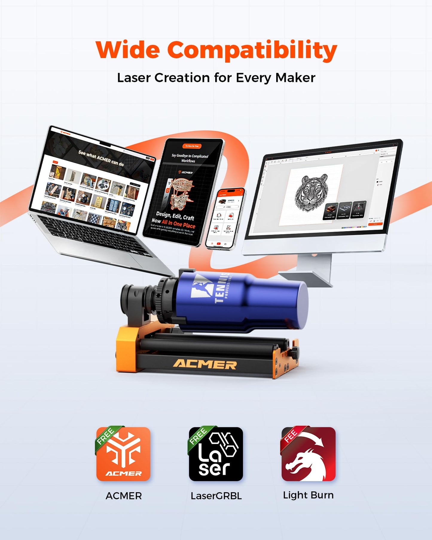 ACMER M4 Laser Rotary Roller, 360° Y-Axis Rotary Attachment for Laser Engraver, 3–150mm Adjustable Engraving Space, for Cylindrical Objects, Rings, Compatible with Most Laser Engravers