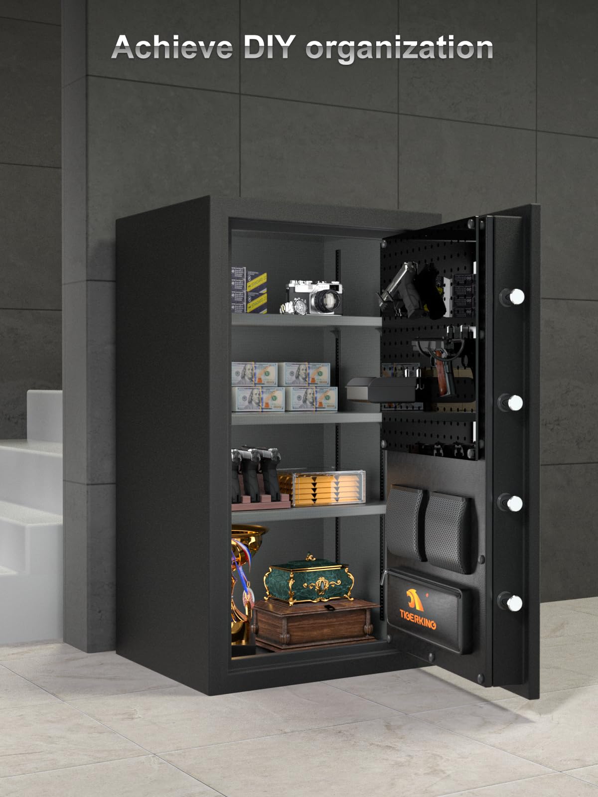 TIGERKING 8.78 Cu Ft Fireproof and Waterproof Safe with Digital Lock, DIY Pegboard Door, Heavy-Duty Steel Large Floor Safe for Home & Office, 40-Min 1200°F Fireproof & 72-Hr Waterproof Protection