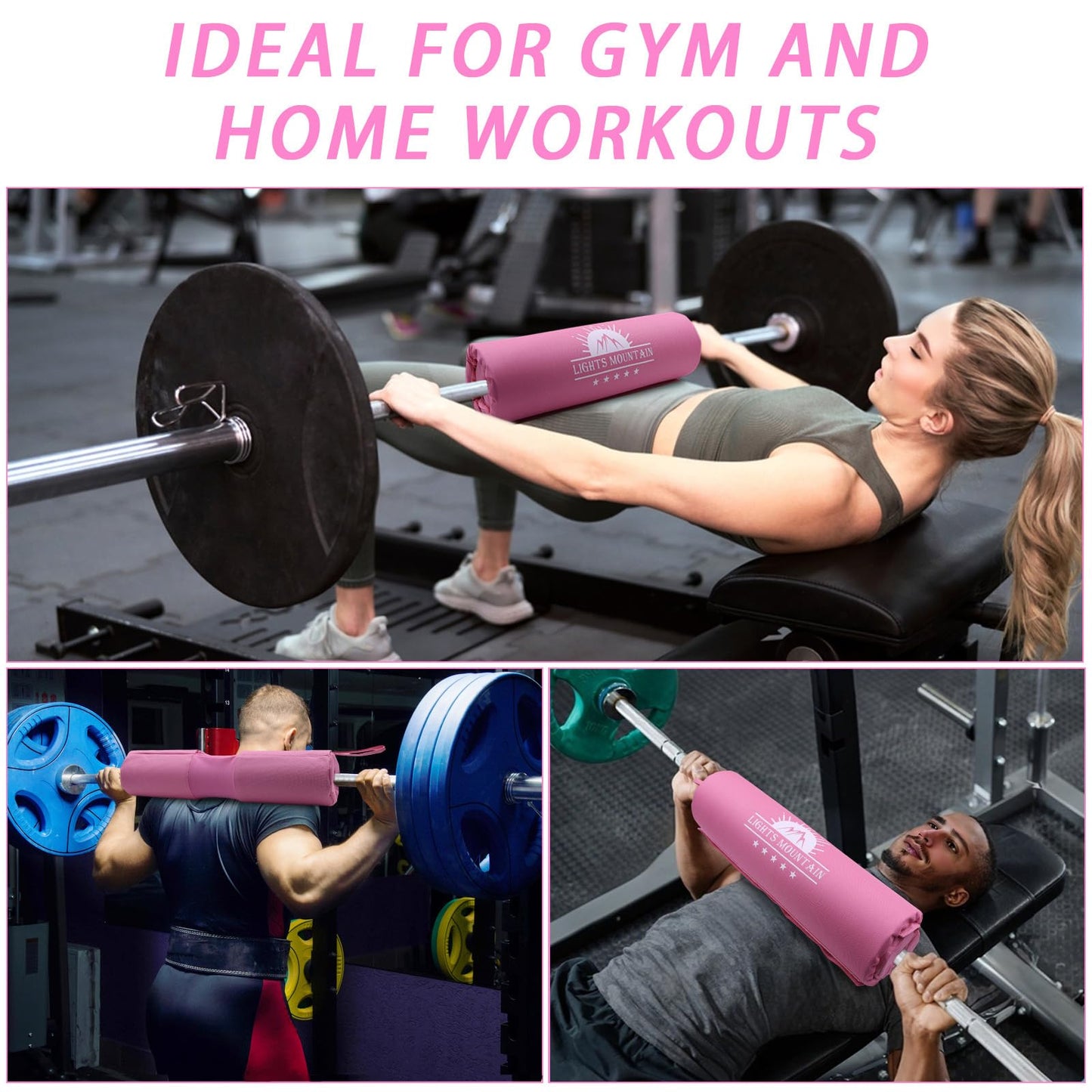 Lights Mountain 2-in-1 Thick Foam Barbell Pad - Non-Slip for Hip Thrust, Squat, Neck & Shoulder Pain Relief, Fits Standard/Olympic Bars, Pink (for Women)