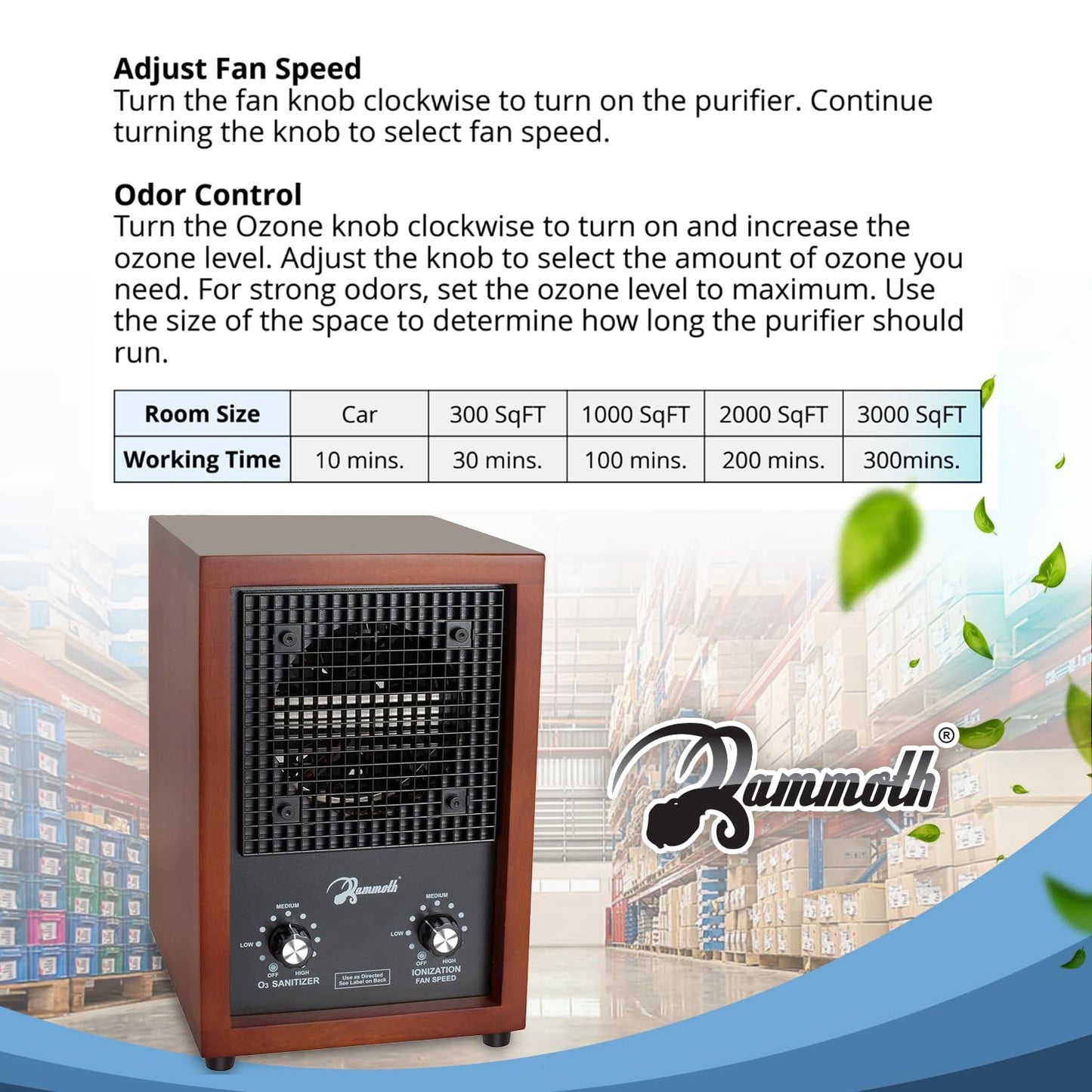 Mammoth Ion and Ozone Generator 3000 mg/hour, Adjustable up to 3,500 SqFt Ionizer & Deodorizer Ozone Odor Eliminator- Ozone Machine Wooden Design Ideal for Dust, Pollen, Pets & Smoke Smell