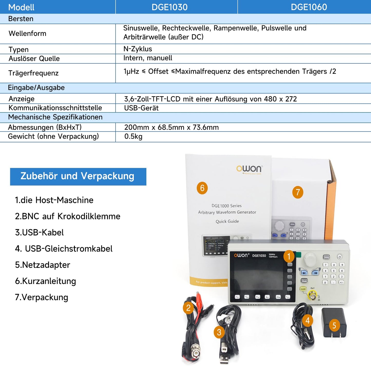 OWON Waveform Generator,30MHz Bandwidth, 125MSa/s Sampling Rate, 14 bits Vertical Resolution, 8K Waveform Length,5 Basic Waveforms, and 160 built-in Arbitrary Waveforms, with 3.6IN LCD Display DGE1030
