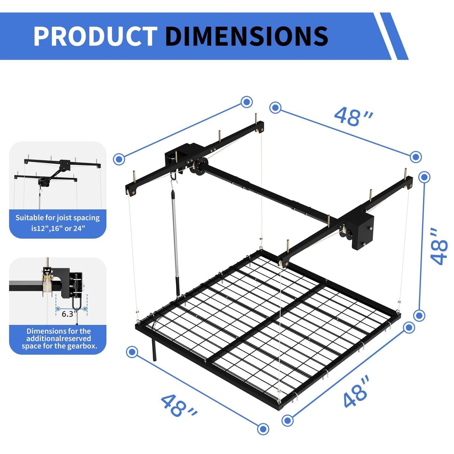 GarveeHome Heavy-Duty 4x4 ft Garage Ceiling Storage Rack with Manual Crank Lift – Adjustable Height, Carbon Steel, 350 lbs Capacity, Space-Saving Overhead Organizer for Garage or Basement – Black