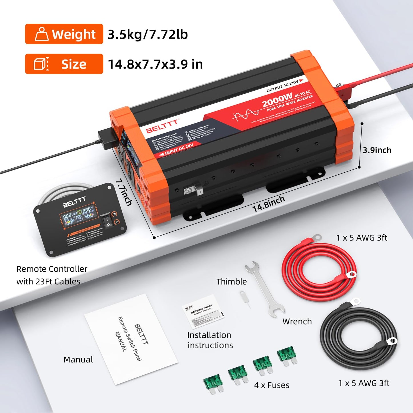 BELTTT 2000W 24V Inverter Pure Sine Wave Inverter 24V DC to 120V AC for Solar, Off-Grid, RV, Truck,Power Inverter, Dual AC and 20A Socket, 5V 2.1A USB, Hardwire Port, Remote Controller, Surge 4000W