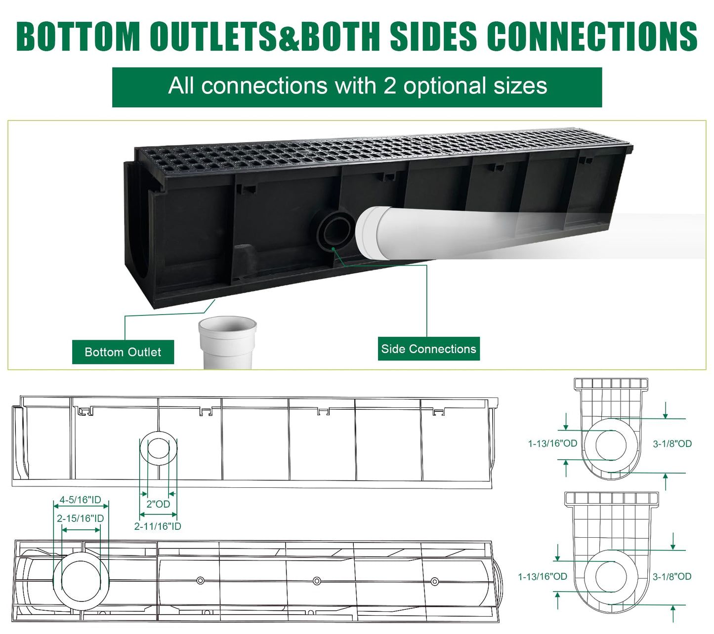 Natotela A15 Deep Profile Trench Drain System for Yard-39.4Lx6.3Wx7.8H in Channel Drain with Grates,4 Pack Total Length 157.5 in,Plastic Yard Drainage Systems for Outdoor Sidewalk Patio