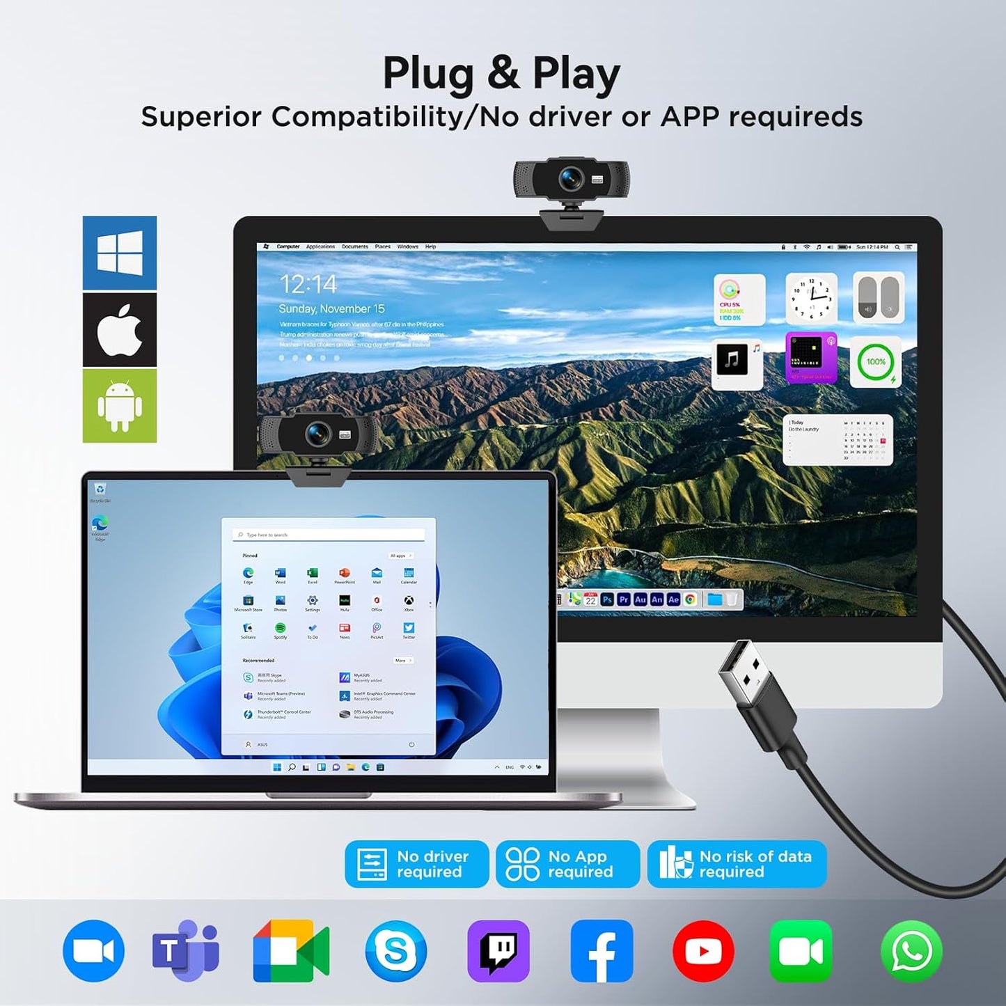 Uyissykia 1080P Full HD Webcam with Dual Microphones & Privacy Cover for PC, Desktop, Laptop, Plug&Play USB Computer