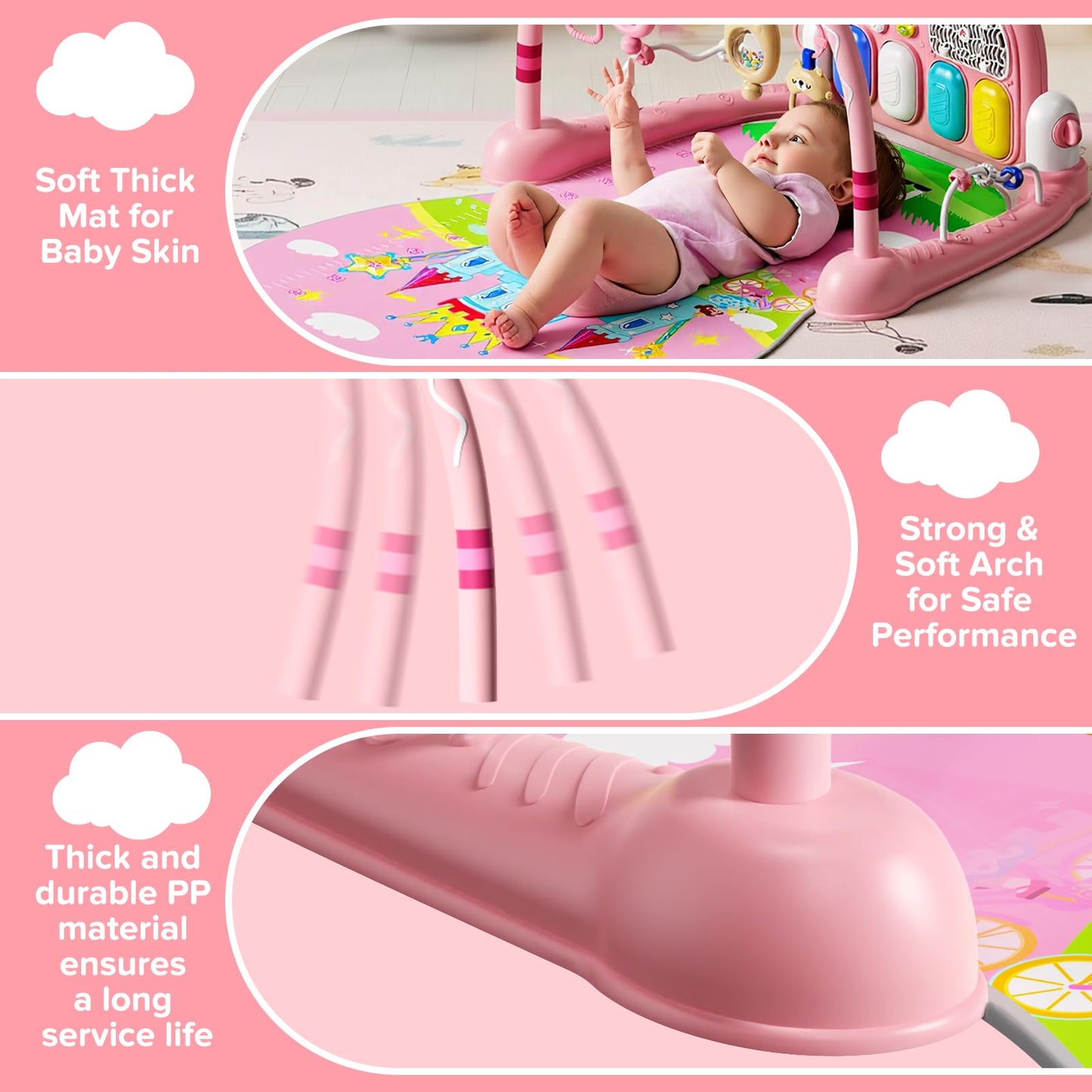 Baby Play Mat Kick and Play Piano Gym,Baby Floor Play Gym Tummy Time Mat,Baby Activity Mat with Music Lightsat and Sensory Toys Boy & Girl Gifts for Infant Newborn 0 to 3 6 9 12 Months (Pink)