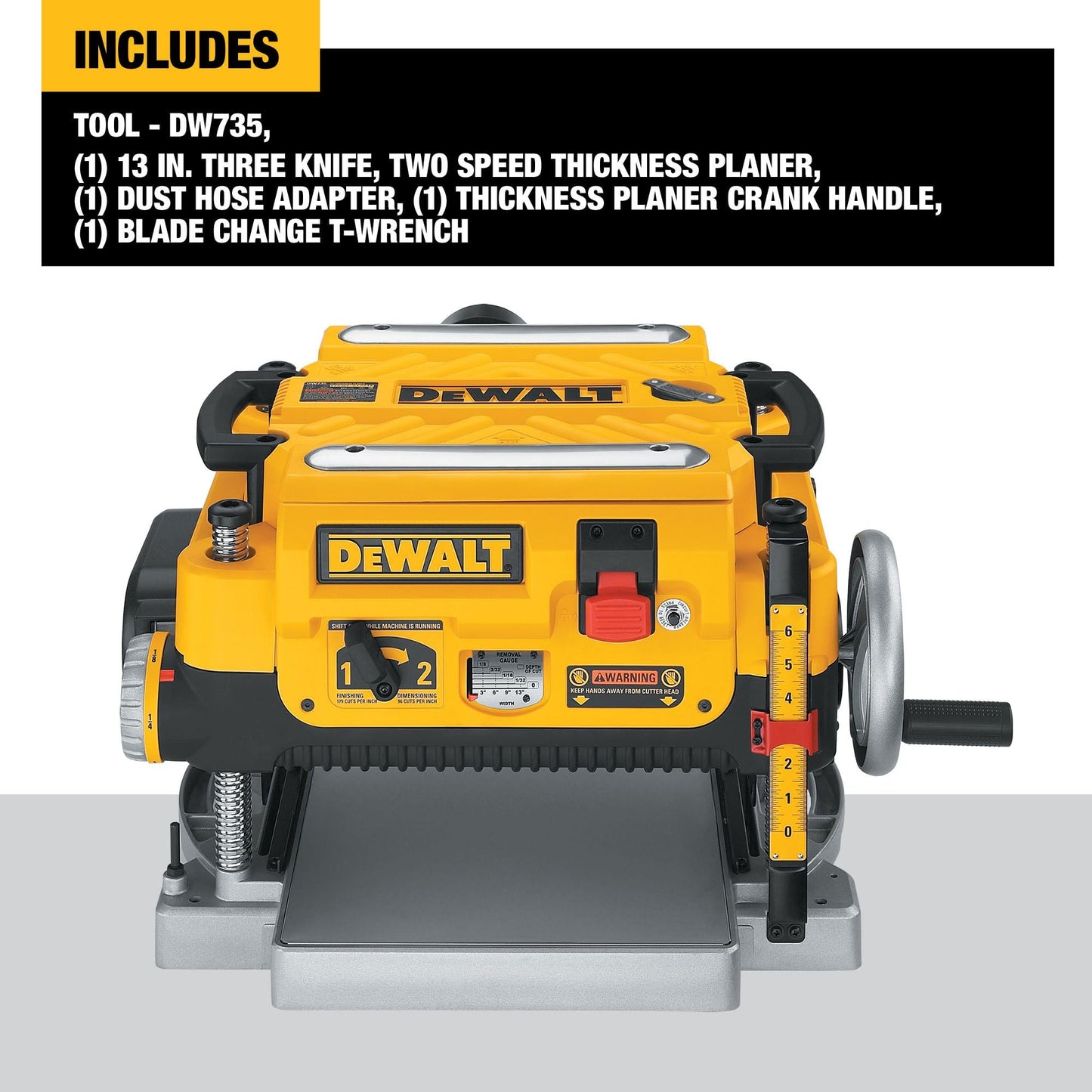 DEWALT Planer, Thickness Planer, 13-Inch, 3 Knife for Larger Cuts, Two Speed 20,000 RPM Motor, Corded (DW735)