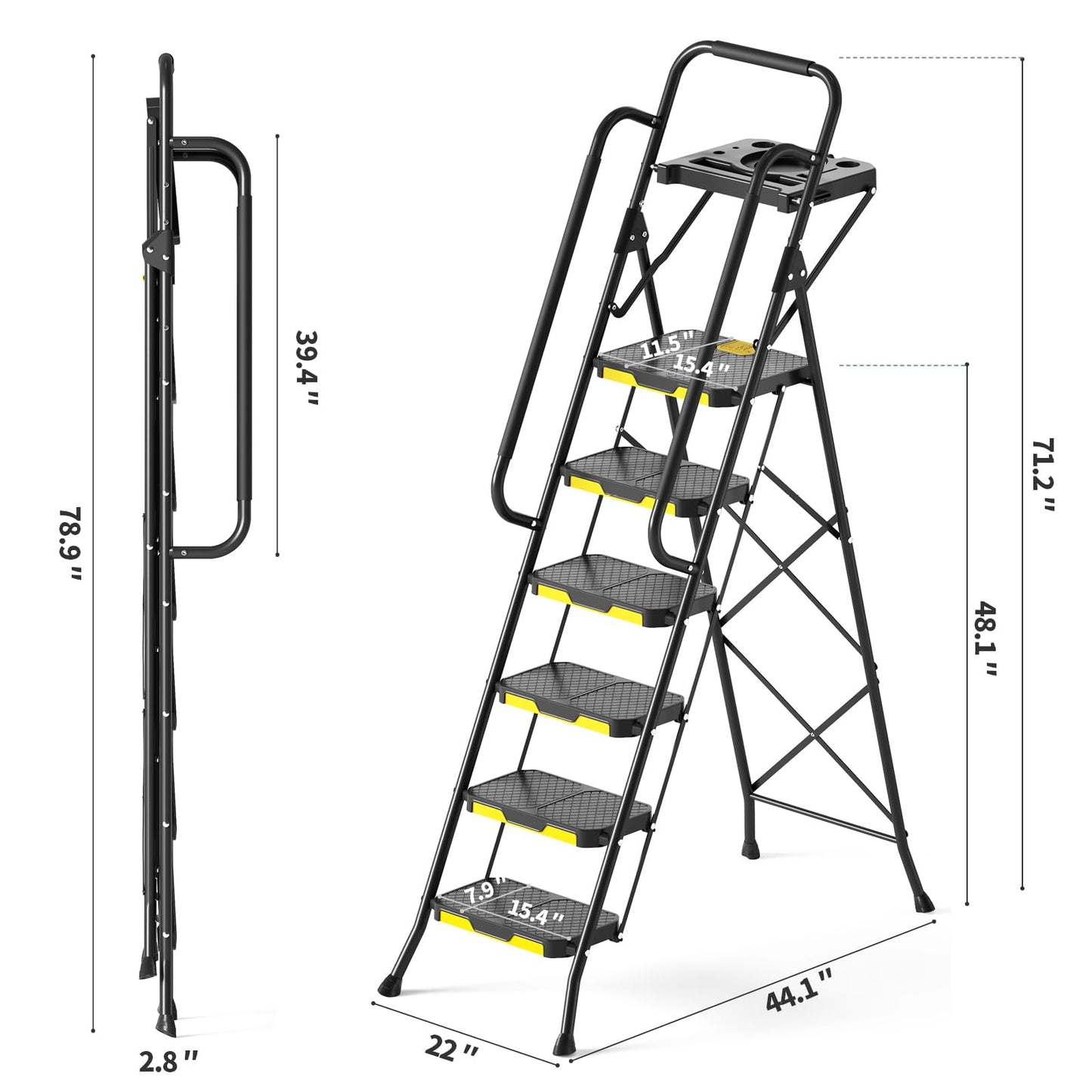 KINGRACK 6 Step Ladder with Tool Platform, Folding Step Stool with Handrails, Sturdy Steel Ladder with Wide Pedal, 800 LBS Portable Safety Ladder for Painting Home Outdoor Garage