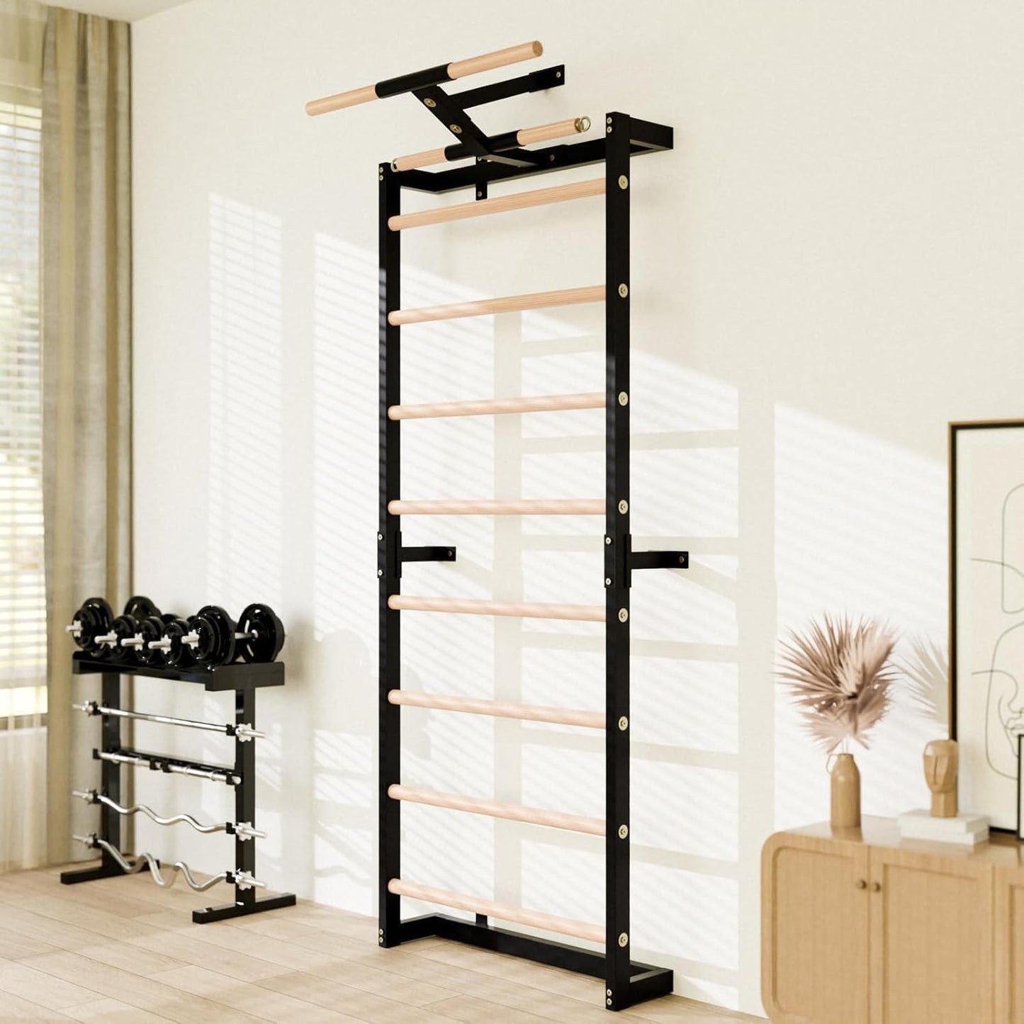 Gsskny Swedish Ladder, Wood Stall Bars Suspension Trainer with Pull-Up Bar & Rings for Straps, Swedish ladders Wall Gym Adult, Wall-Mounted Workout Ladder