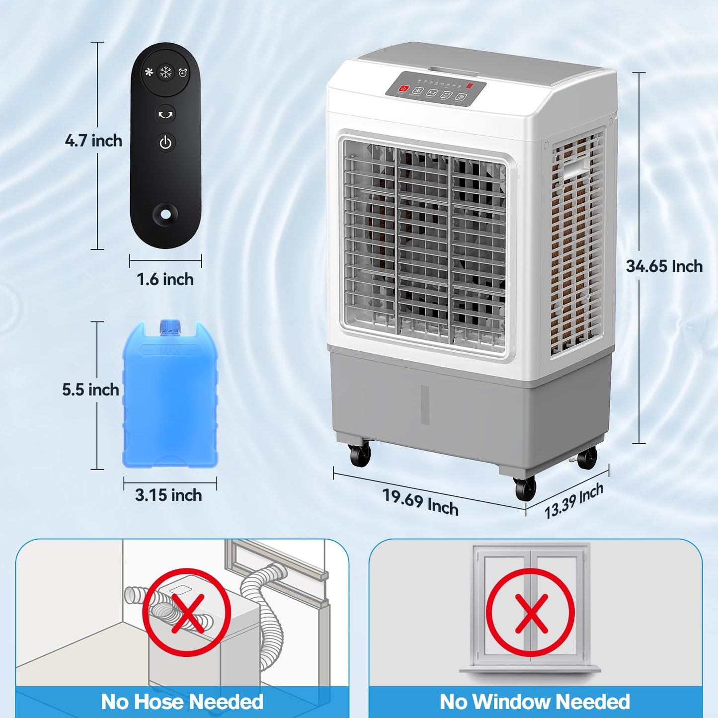 Large Windowless Portable Air Cooler, 3 in 1 Evaporative Swamp Cooler with Remote, Hoseless Ventless Fan Ac Unit, 7H Timer, 8 Gal Water Tank, 4 Ice Box for Garage, Bedroom Home Outdoor