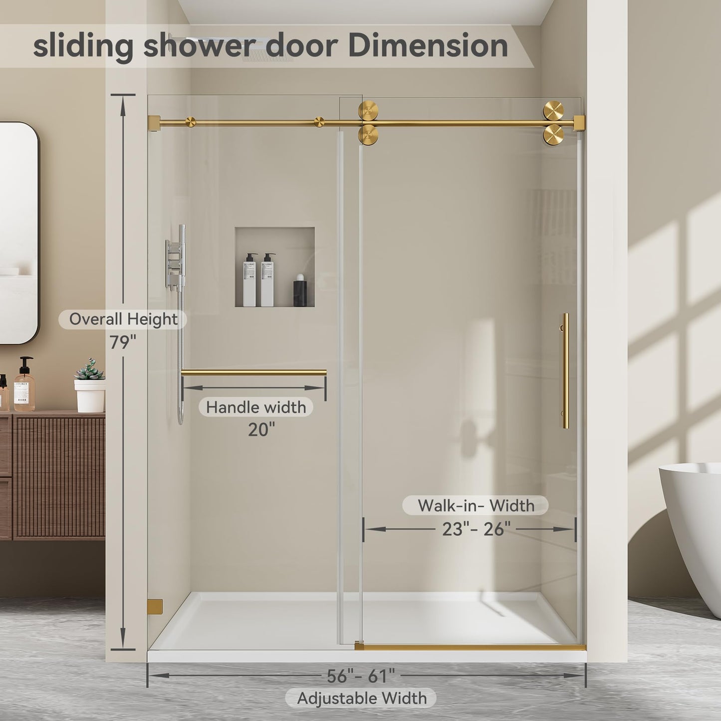 Frameless Single Sliding Shower Door 57"-61"x79", 3/8" Tempered Glass with Easy-Clean Coating, Adjustable Width for Walk-in Shower, Includes Towel Bar & Stainless Steel Hardware