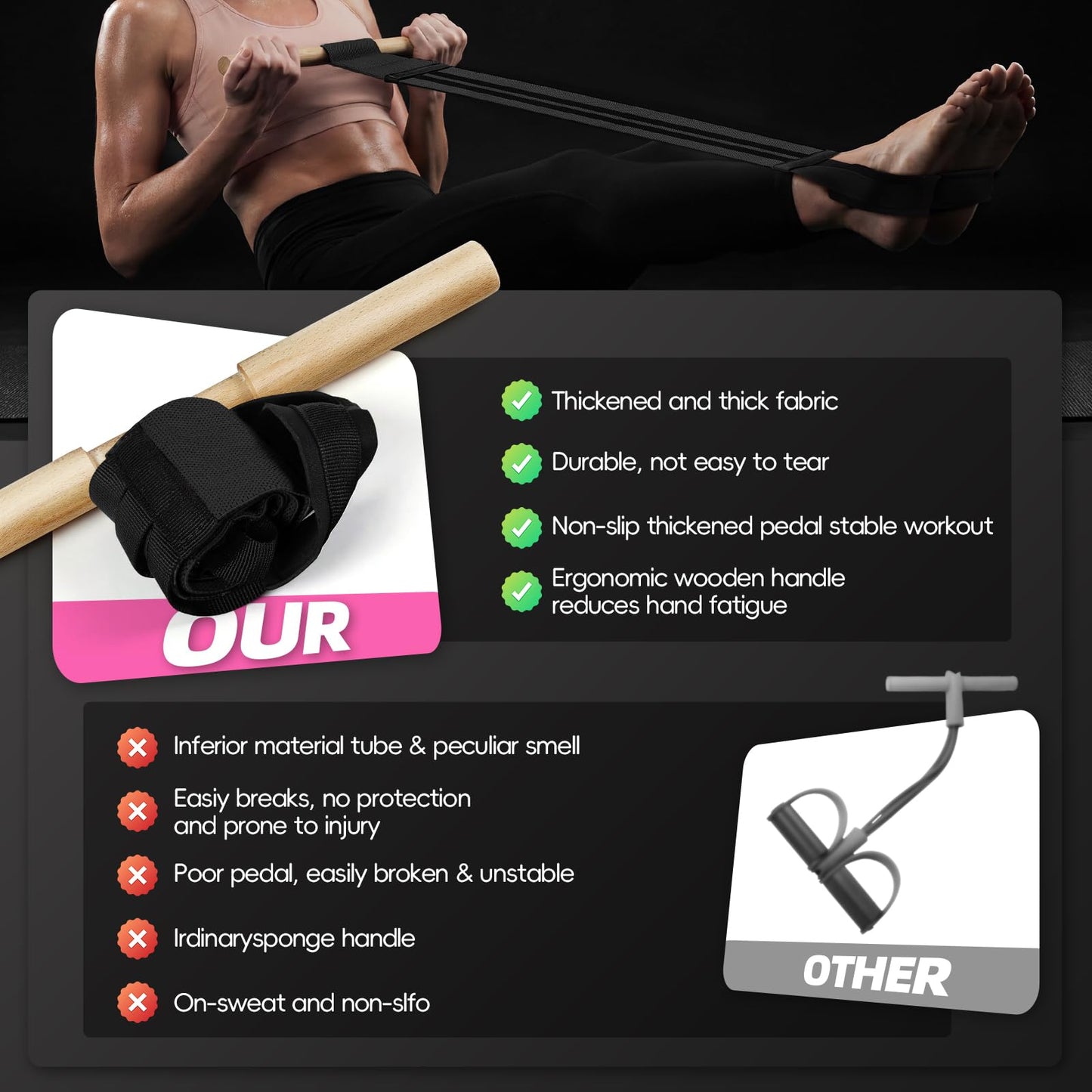 Pedal Resistance Bands with Handles, Upgrade Adjustable Manual Tension Training Pedal, Fabric Resistance Band with Wood Handles, Multifunction Fitness Bands for Abdomen, Waist, Arm, Leg (Black)