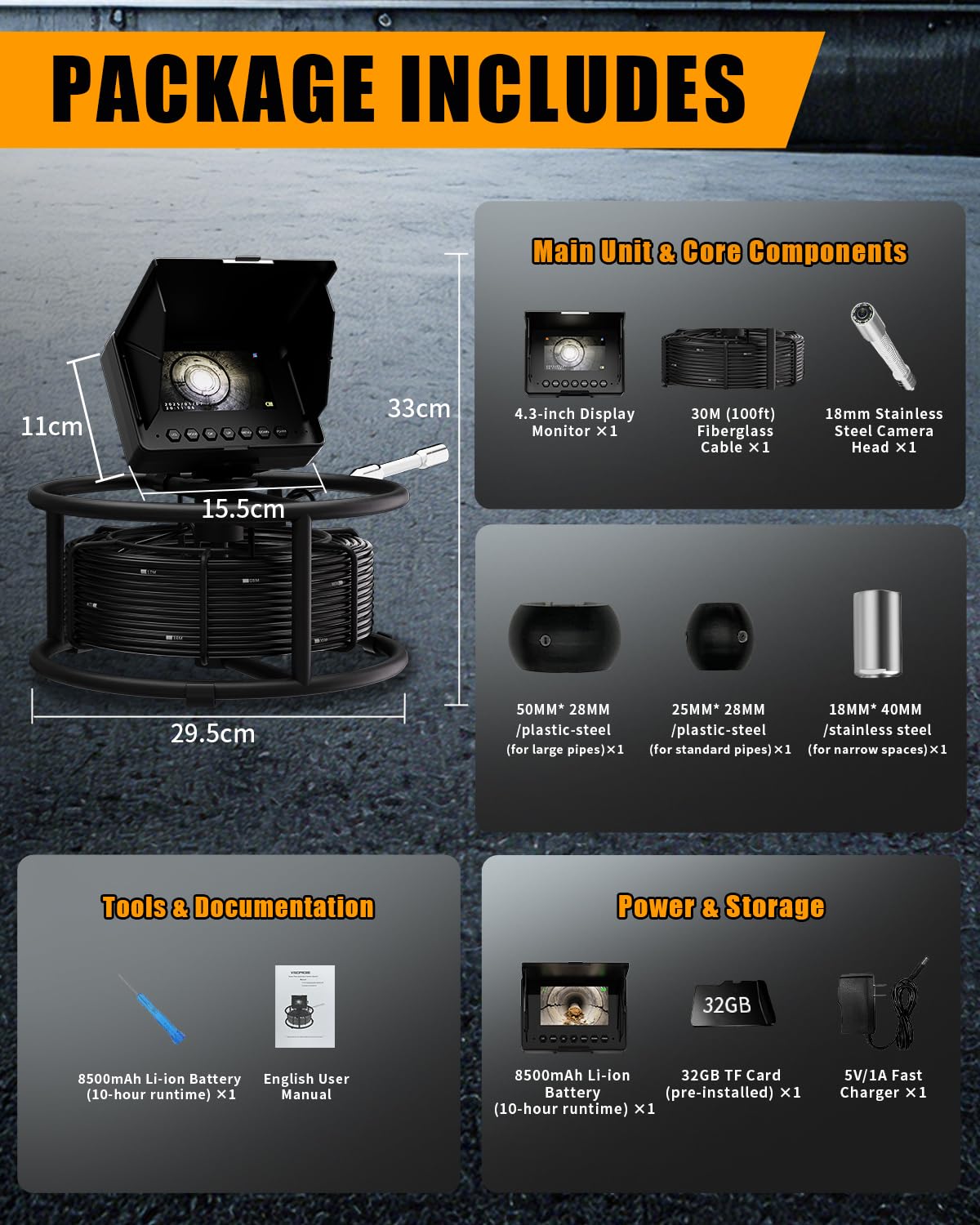 Sewer Inspection Camera 100ft/30M with 4.3" Monitor, 32GB DVR Drain Camera, 18mm 1080p Probe & 8500mAh Battery, IP68 Waterproof Endoscope โ Heavy Duty All-Metal Rack for Plumbing, Drain Inspection