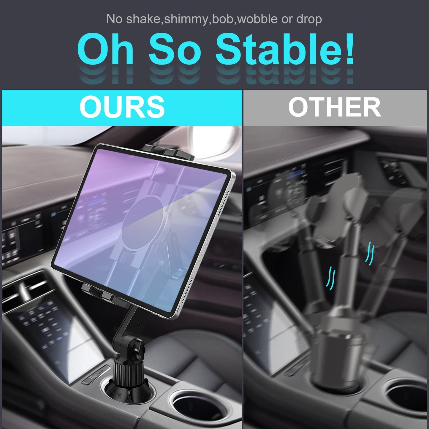 Cup Holder Car Tablet Mount for Truck, 360° Adjustable 15" Long 2-Arm Stand Holder for iPad Pro 12.9/11/10.5/9.7/Air/Mini 6/5/4, Galaxy Tab/Z Fold 6/5/4, iPhone 17/16/Pro, 4.7-12.9" Tab &Phone