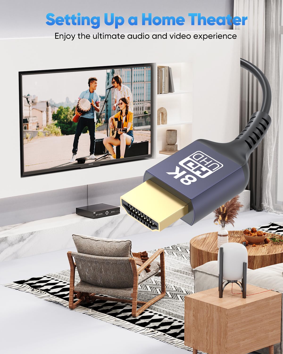 2FT 8K, 2.1 2 48Gbps 8K@60Hz, 4K@60Hz, 2K, 1080P, Ultra Thin HDMI Cable Short HDMI Cable Foot Flexible Slim HDMI Cord
