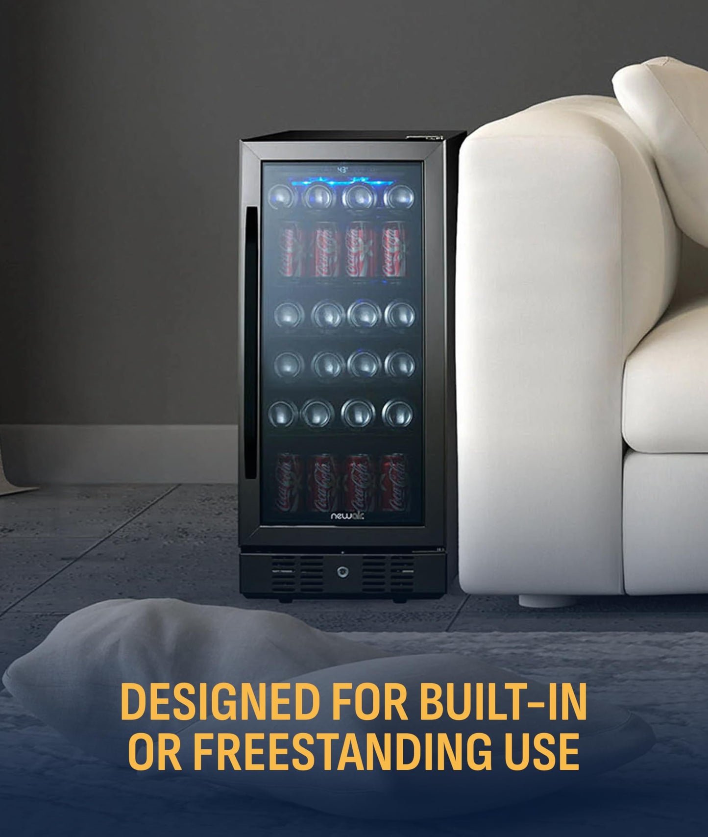 NewAir 96 Can Built-In Beverage Refrigerator | 15” Small Mini Fridge for Bedroom, Home Bar or Office | Quiet Cooling & Precise Temperature Control | Black Stainless Steel