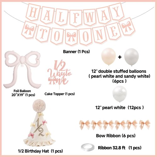 Half Birthday Decorations for Baby Girl – Bow Birthday Hat, Half Way to One Banner, Bow Balloons, 1/2 Cake Topper, 6 Months Party Supplies