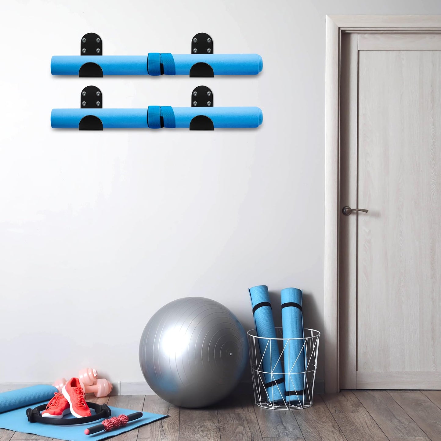Yaocom 4 Pcs Yoga Mat Storage Rack Wall Mount Holder Exercise Mat Hanger Foam Roller Wall Hooks Gym Organizer for Hanging Fitness Bands Yoga Strap Home Gym
