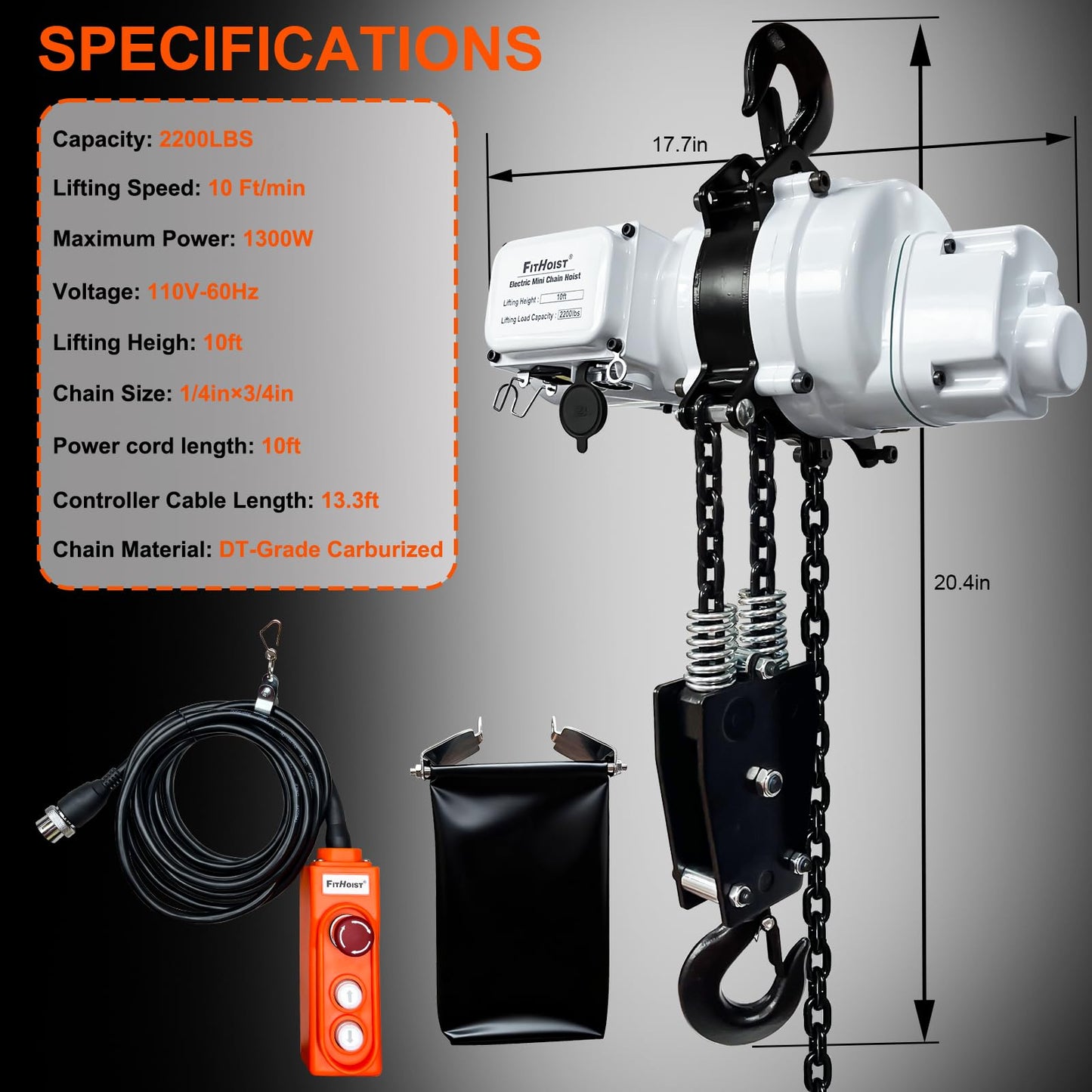 Electric Chain Hoist 2200lbs, 110V Electric Hoist, 10ft Lift Height, Single Phase Overhead Crane with Two 360° Rotatable, DT Grade Carburized Double Chain, for Garage Ceiling, Factories