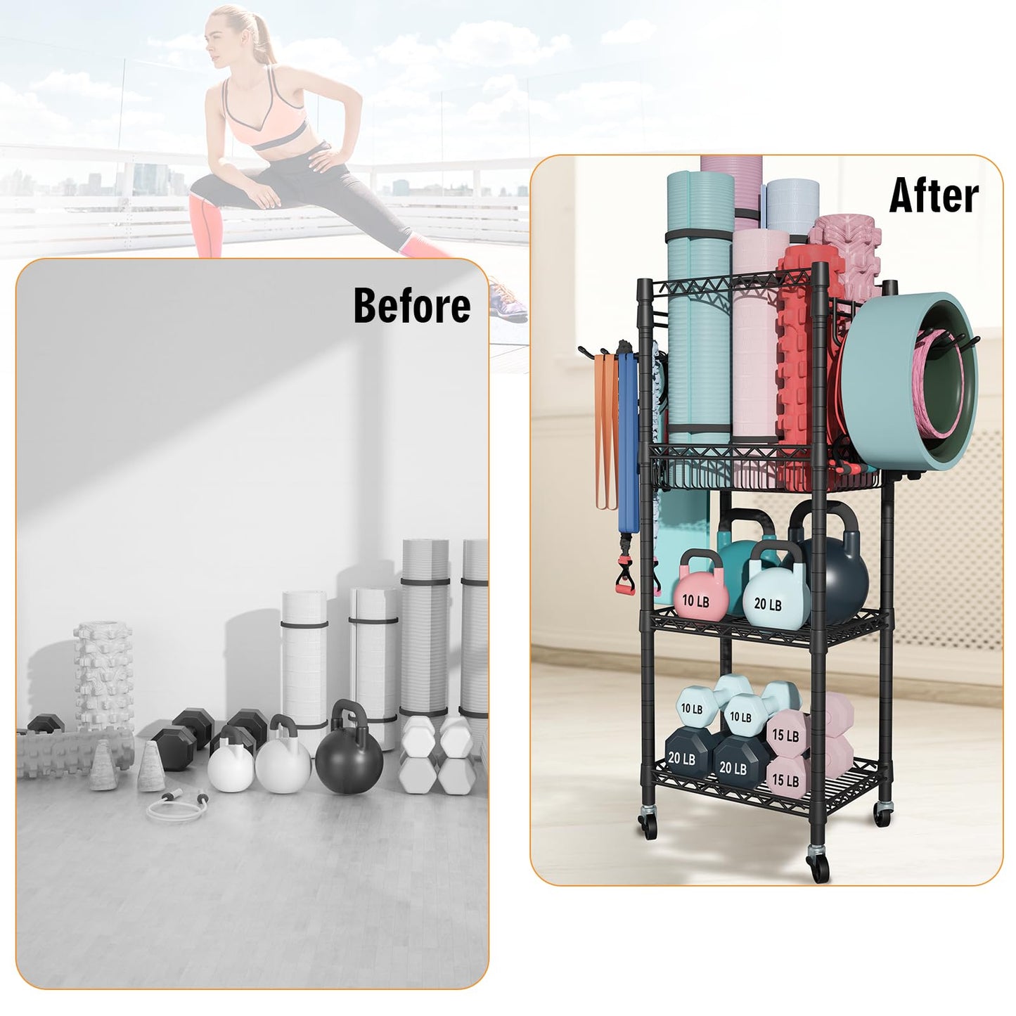 FUTASSI S1 Home Gym Storage, 3-Tier Workout Equipment Organizer with Wheels for Yoga Mats, Foam Roller, Dumbbells, Kettlebells, and Resistance Bands, 47.2" H x 27.1" L x 11.8" D, Black