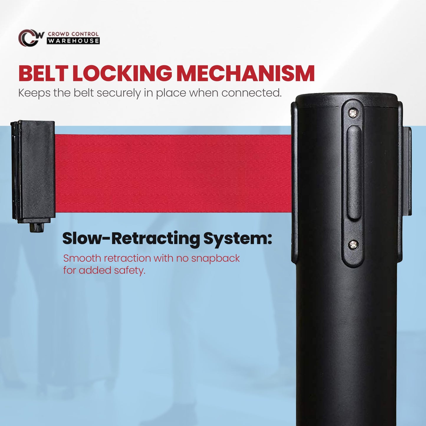 Crowd Control Warehouse Set of 2 Stanchion Retractable Belt Barriers, 11 Foot Red Belt Barrier with 40” Black Posts, Premium Crowd Control Barriers with Heavy Duty Concrete Base, CCW Series RBB-100