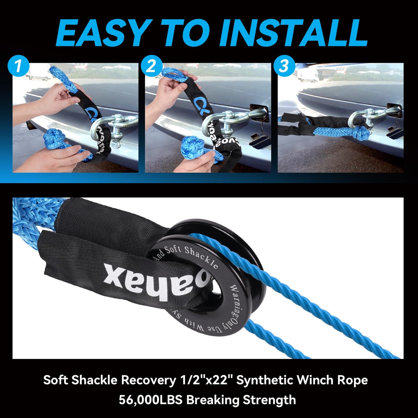 Soft Shackle & Recovery Ring Kit, 2PCS Blue Soft Shackle Recovery (56,000lbs Max Breaking Strength) 1/2'' x 22'' with Black Snatch Recovery Ring for ATV UTV SUV Truck Off-Road Vehicle Recovery