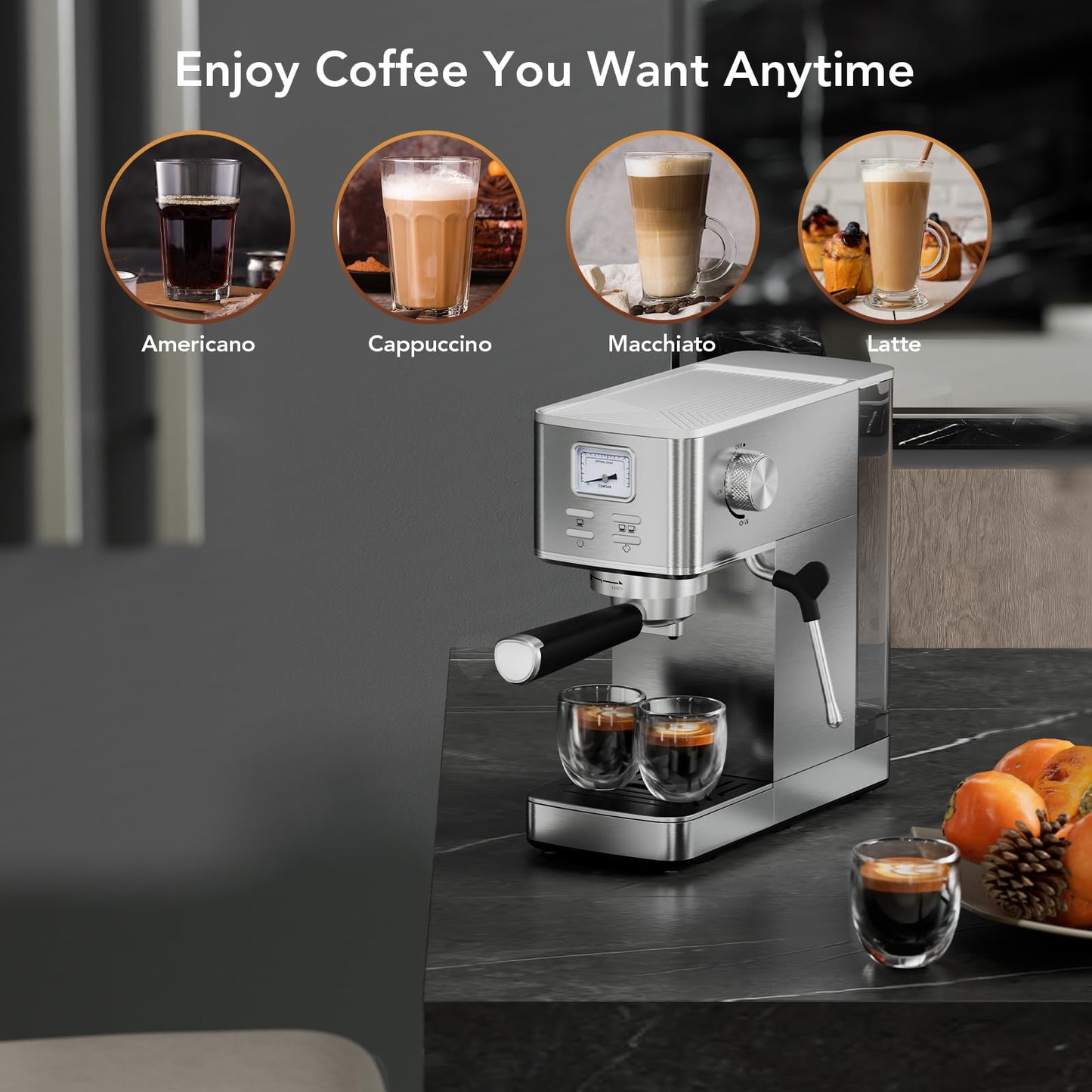 Espresso Machine 20 Bar, Compact Espresso Maker with Milk Frother, Visual Pressure Gauge, Commercial Coffee Machine with 47oz Removable Water Tank and Capsule Funnel, for Cappuccino, Latte