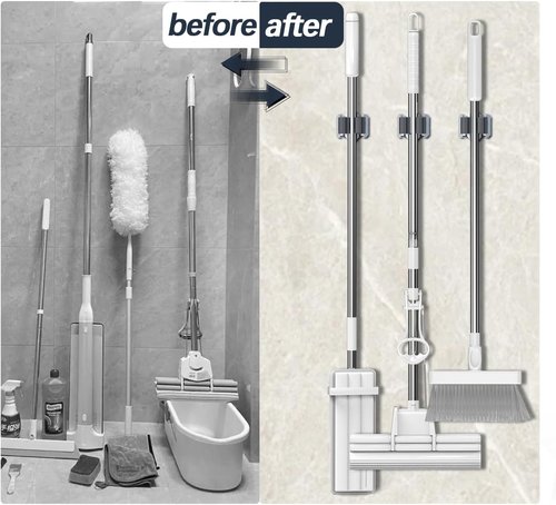 3-H Mop and Broom Holder - Heavy-Duty Wall Mount Organizer for Yard Tools | Black, 6 Pack