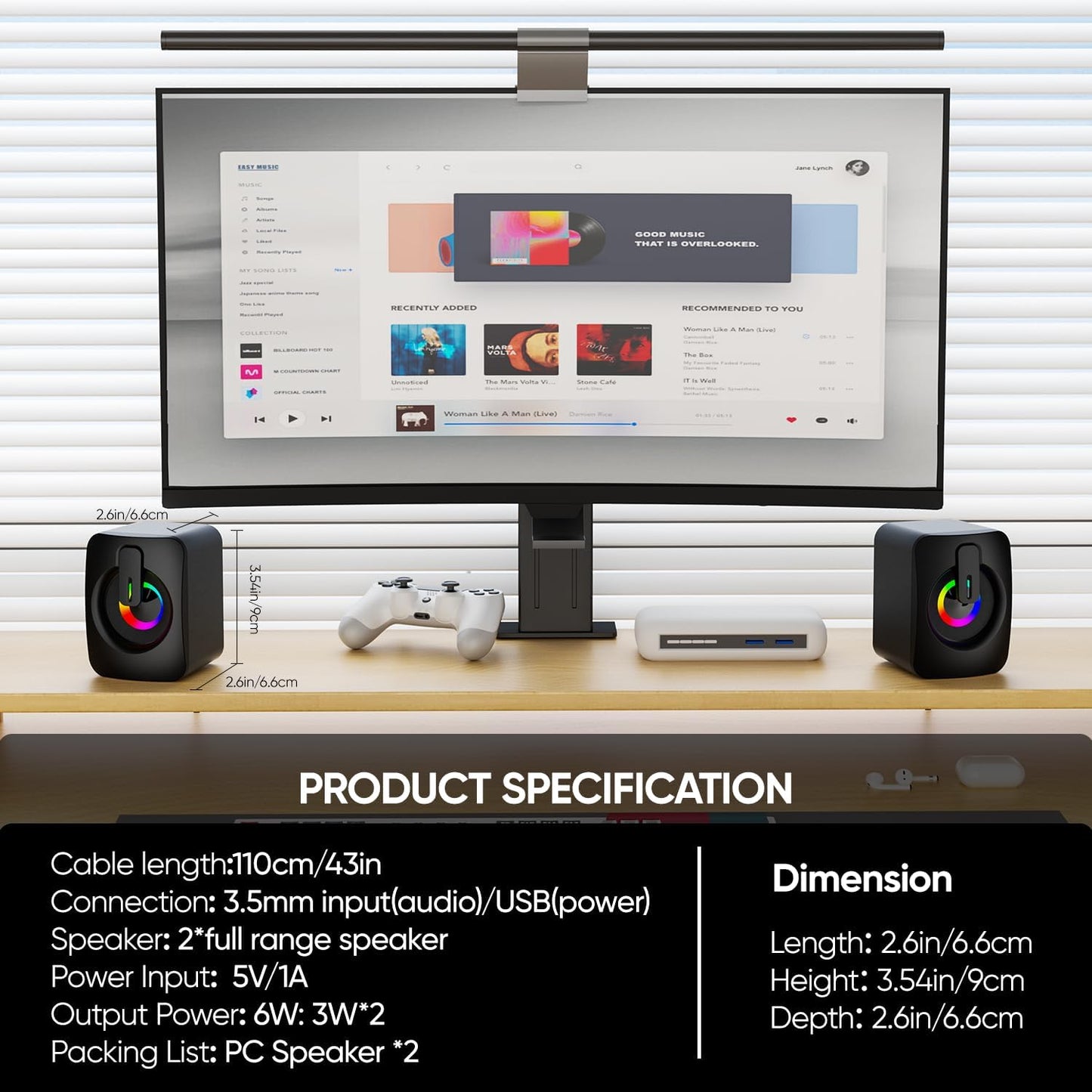 MELOGAGA 7-Color 3.5mm RGB Computer Speakers, USB-Powered PC Speakers with LED Backlight, Aux Compact Soundbar