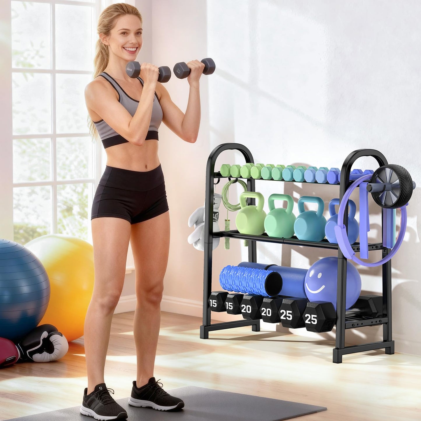 YaDonpe 3 Tier Dumbble Rack - 360LB Capacity Adjustable Dumbbell Storage Rack Space-Saving Home Gym Weight Rack For Dumbbells And Kettlebells With Hooks (Dumbbell Rack Stand Only)(Matte Black (29.96''Length))