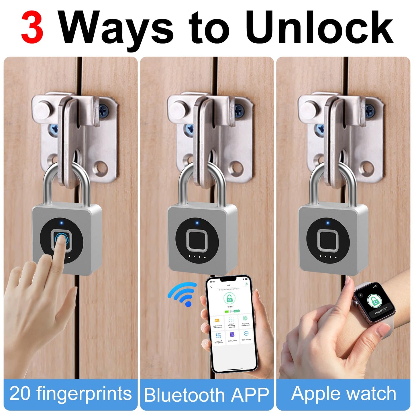 eLinkSmart Gym Locker Padlock - Fingerprint Mobile APP Unlock Remote Unlock: Waterproof Keyless Biometric Padlock for Gym Locker Field Box Footlocker Tool Box Gun Case Type-C Silver