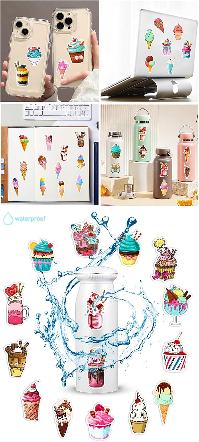 ZESHENGBD 50Pcs Ice Cream Cone Stickers Waterproof Vinyl Decals for Adult Teen Kids Cup Water Bottles Laptop Luggage