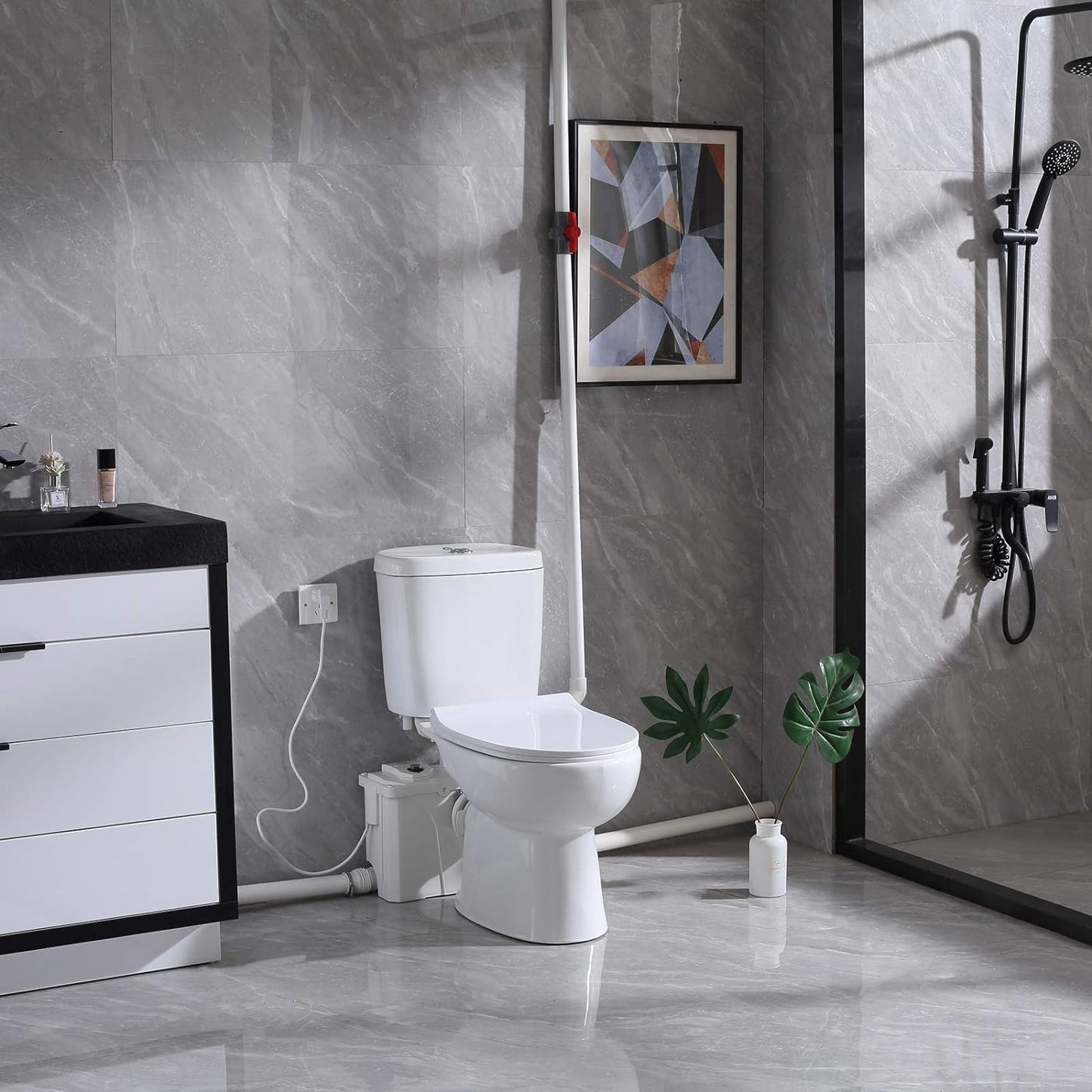 Macerating Toilet with Pump–Upflush Toilet System for Basement/Attic, 4 Water Inlets & AC Vent, 36ft Vertical Lift, Dual Flush, Easy Install,15.5" CompactedToilet