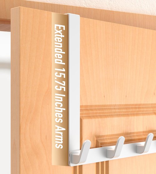 CHAUNCEY HOME Long Over The Door Hooks with 15.75-inch Arms for Easier Access by Women, Heavy Duty Door Hanger for Winter Coat, L16U, Fits Standard 1 3/8'' Doors, Towel Racks Organization, White