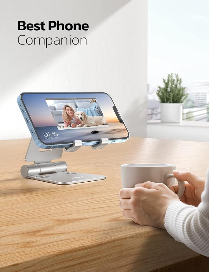 Nulaxy 2 Pack Dual Folding Cell Phone Stand, Fully Adjustable Foldable Desktop Phone Holder Cradle Dock Compatible with iPhone 17 16 15 14 13 12 Pro Max Xs Xr, All Phones, Silver