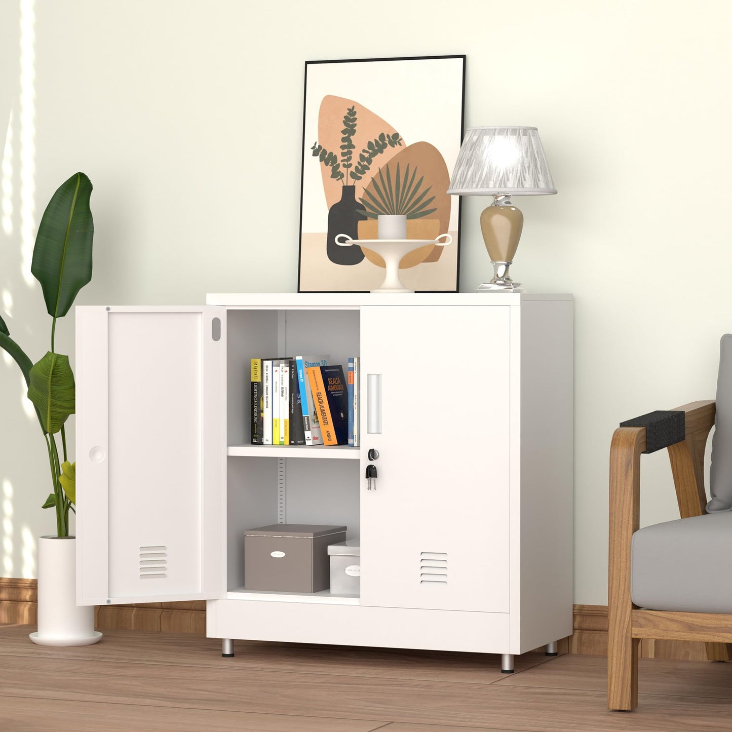 JINKUR Metal Storage Cabinet with Locking Doors and Adjustable Shelf, Small Lockable Sideboard Buffet Cabinet for Home, Office, Entryway, Hallway, Living Room, Kitchen and Dining Room, White