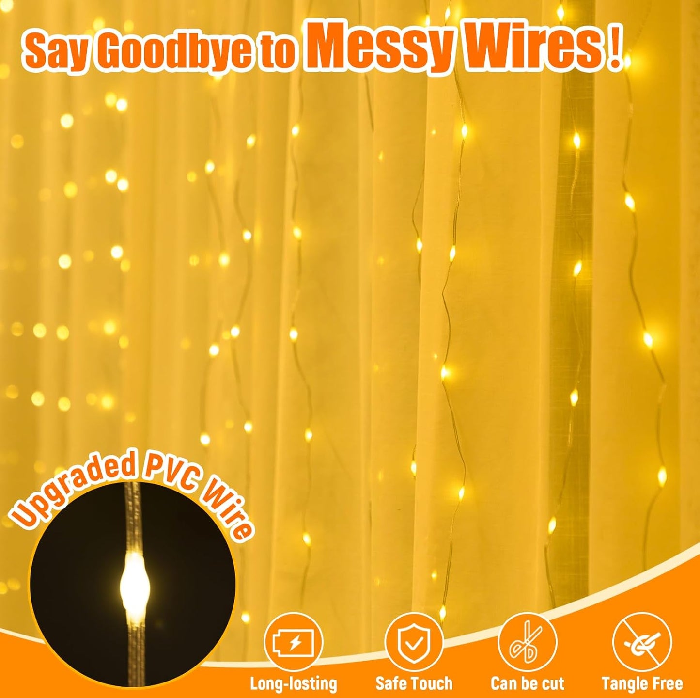 Skiennix Curtain Light - 300 LED Fairy String Lights with Remote & 8 Modes | 9.8ft x 9.8ft Warm White Decor