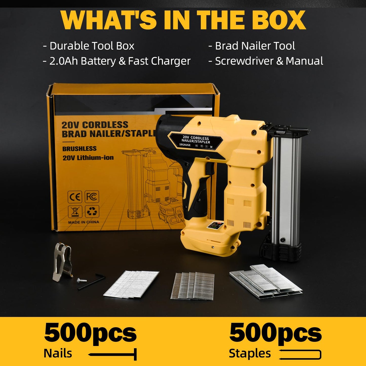2-in-1 Cordless Brad Nailer & 1/4 Narrow Crown Stapler for DeWalt 20V Battery, 18GA Electric Nail Gun with 1000 Nails/Staples for Woodworking, DIY, and Home Renovation (Not Battery)