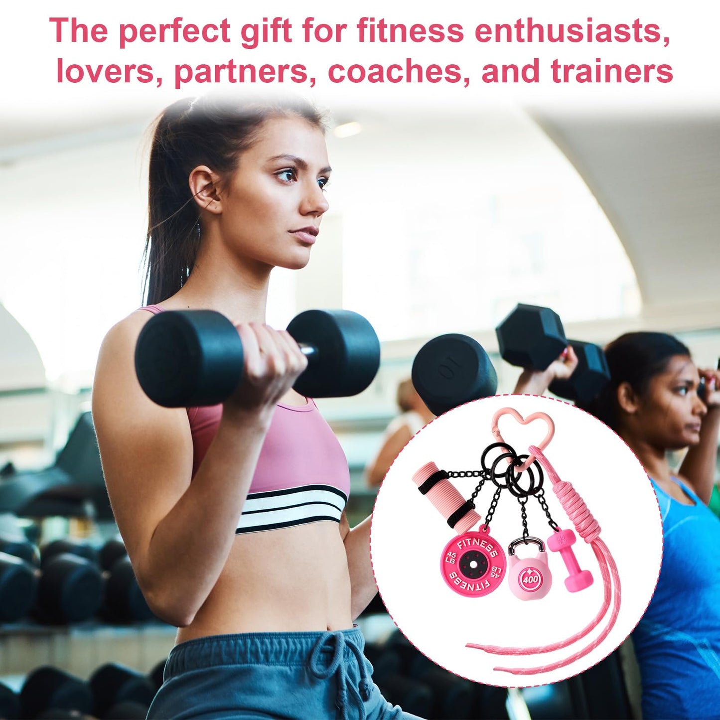 Sinbana Gym Keychain, 5 Styles Pink Dumbbell Kettlebell Barbell Plate Yoga Mat Design Gym Keychain Gift Motivational Fitness Accessories for Men Women Sports Lovers Trainer Friends Family