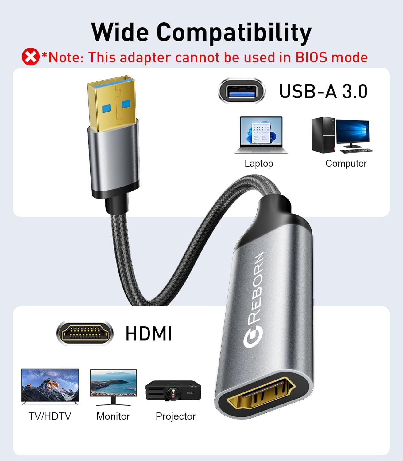Reborn 1080P@60Hz 3.0 7/8/10/11 USB to HDMI Adapter, USB Male to HDMI Female Multi-Display Cable Converter Suitable