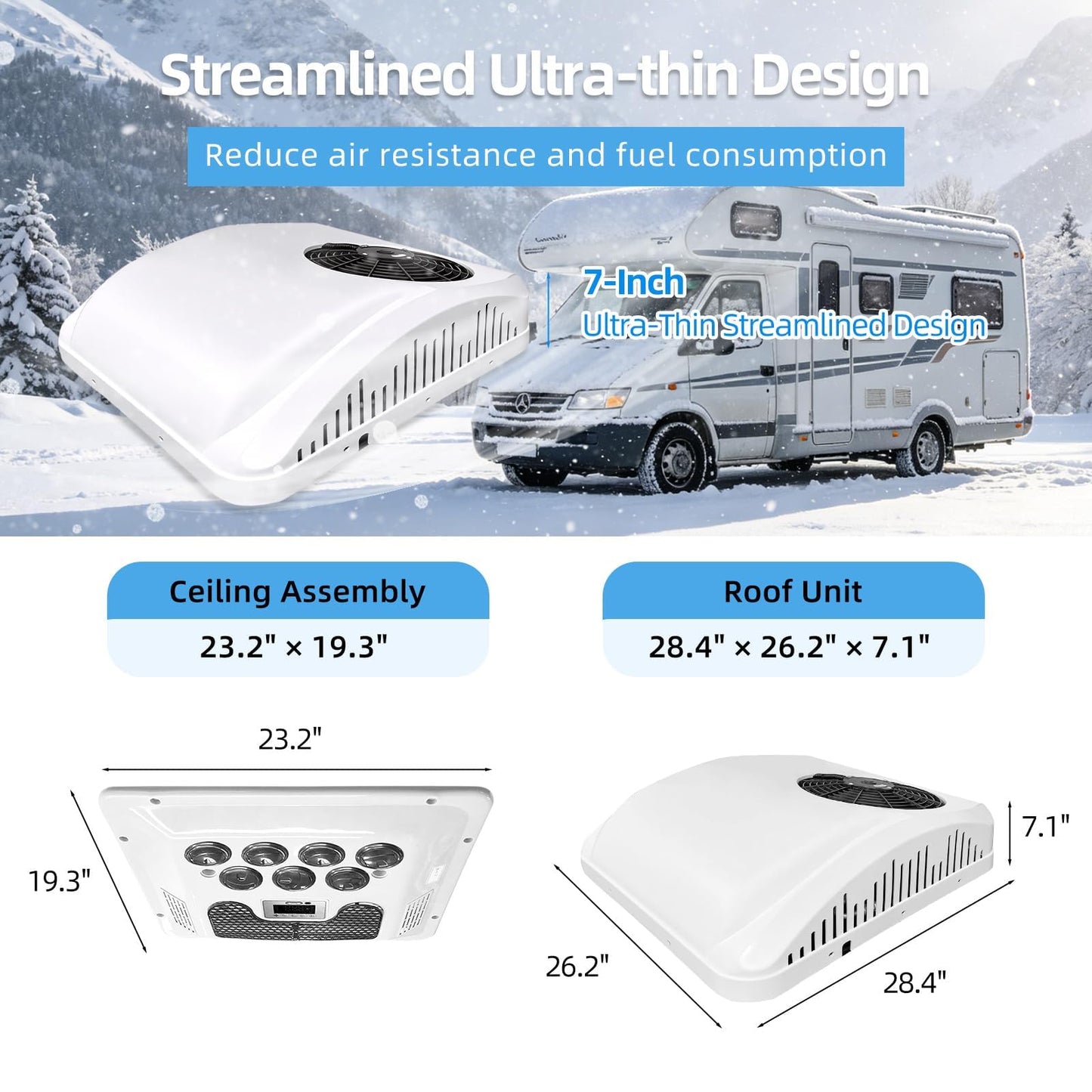 Treeligo 10000 BTU 12V DC Rooftop RV Air Conditioner, Battery Powered, Ultra Quiet & Fast Cooling Rooftop Inverter AC Unit with Heater for Motorhome Camper Van Truck and Trailer