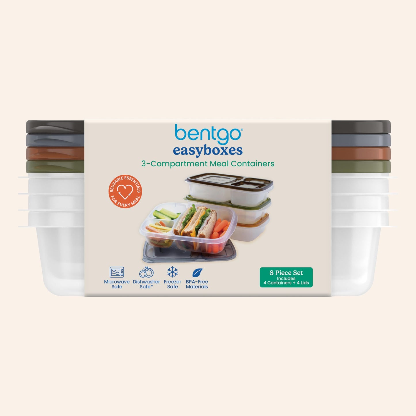 Bentgo Easyboxes - Original Stackable Lunch Boxes - Reusable 3-Compartment Food Containers for Kids and Adults - Bento Lunch Box for Meal Prep, School, & Work - BPA Free, (Earth Tones (4-Pack))