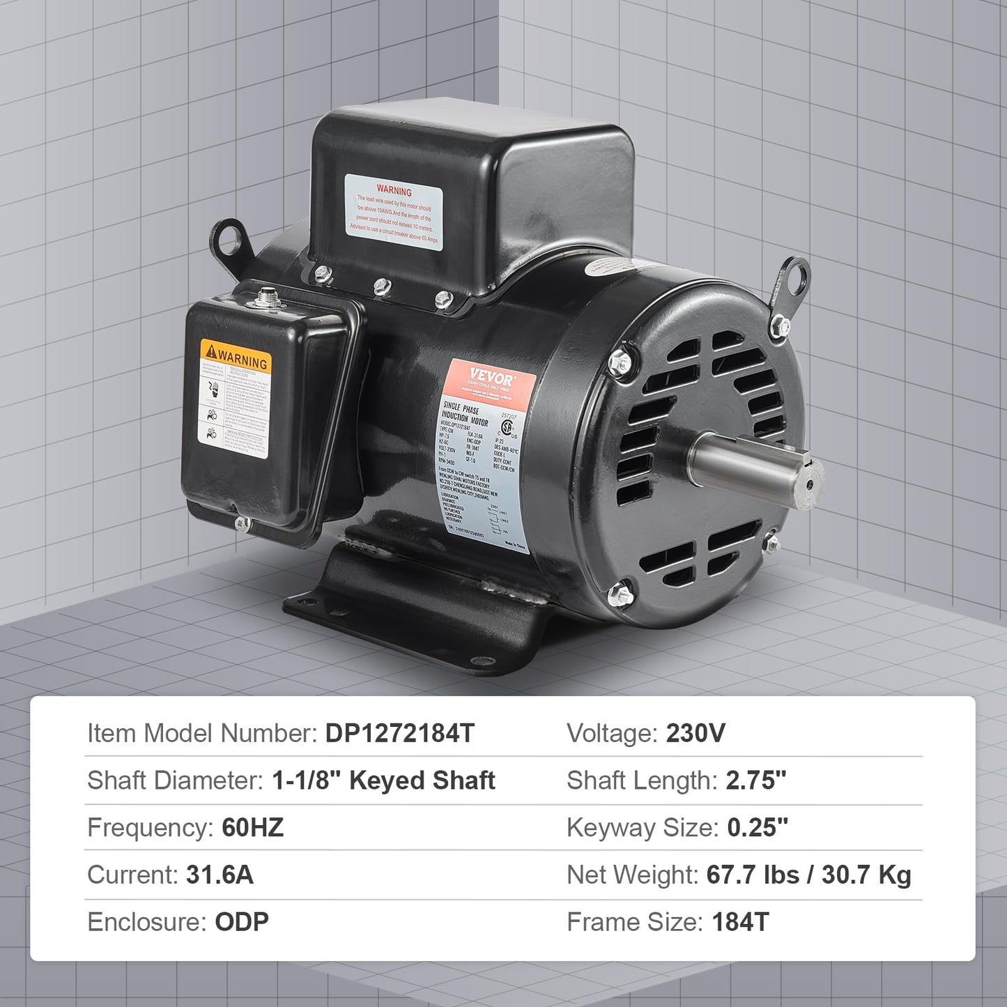 VEVOR 7.5HP Air Compressor Motor, 230V 31.6 Amps Electric Motor, 3450RPM 184T Frame, 1-1/8" Keyed Shaft, 2.75" Shaft Length for Air Compressors, Single Phase, CCW/CCW (Factory Setting is CCW)