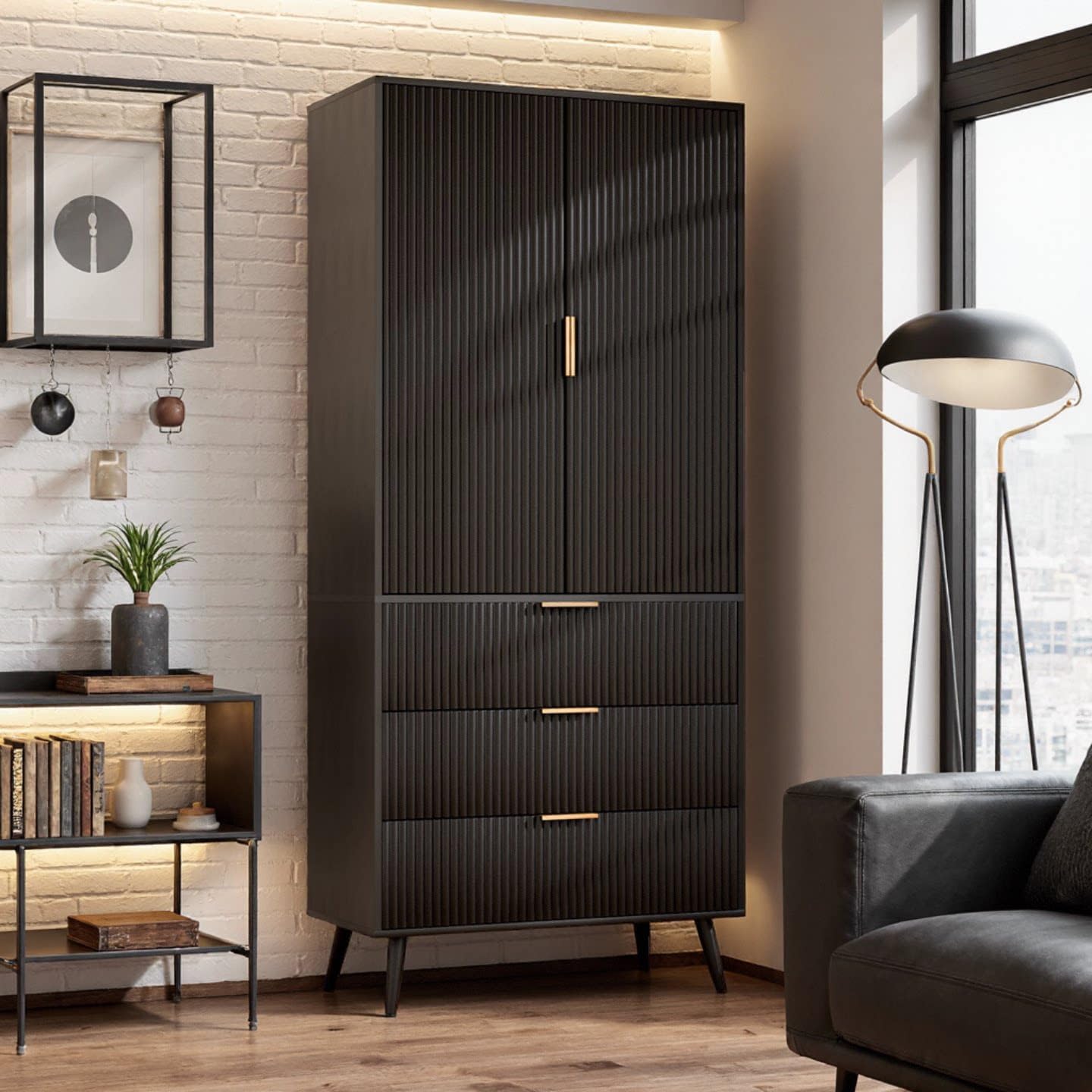 Topcomfy Tall Fluted Cabinet, Kitchen Pantry Cabinet with 2 Doors & Adjustable Shelves, Mid Century Modern Cabinet for Living Room, Dining Room, Entryway, Office, Black