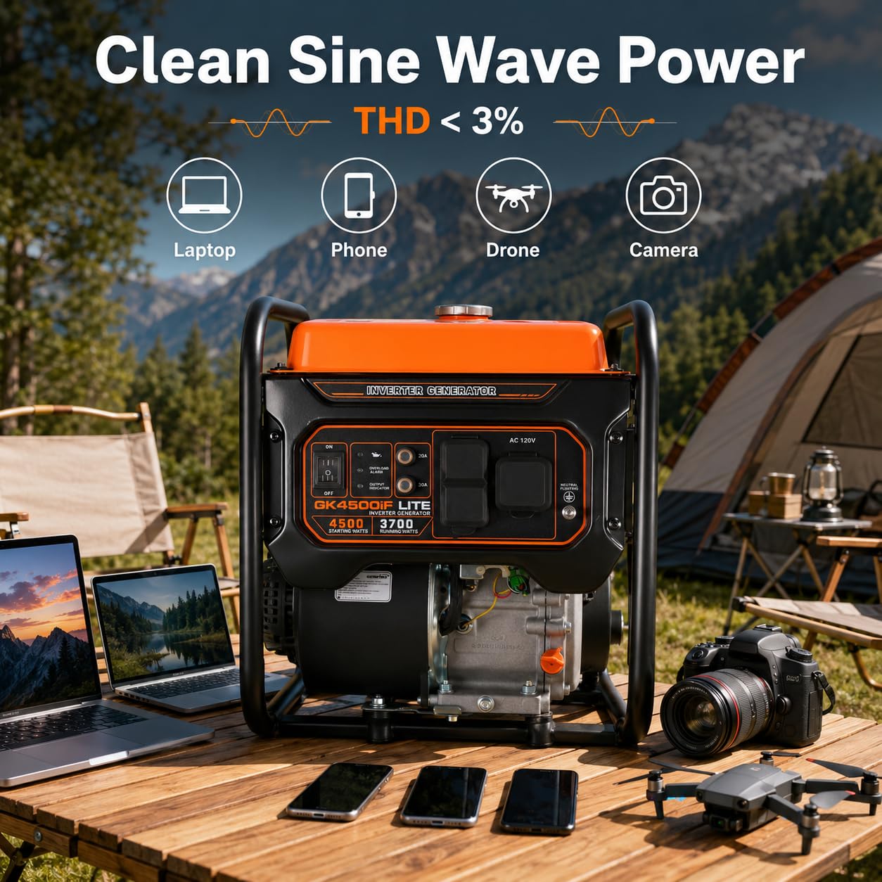 Genkins 4500 Watt Open Frame Inverter Generator 30 Amp Pure Sine Wave Noise Reduced 50% 56lbs EPA complied Gas Powered