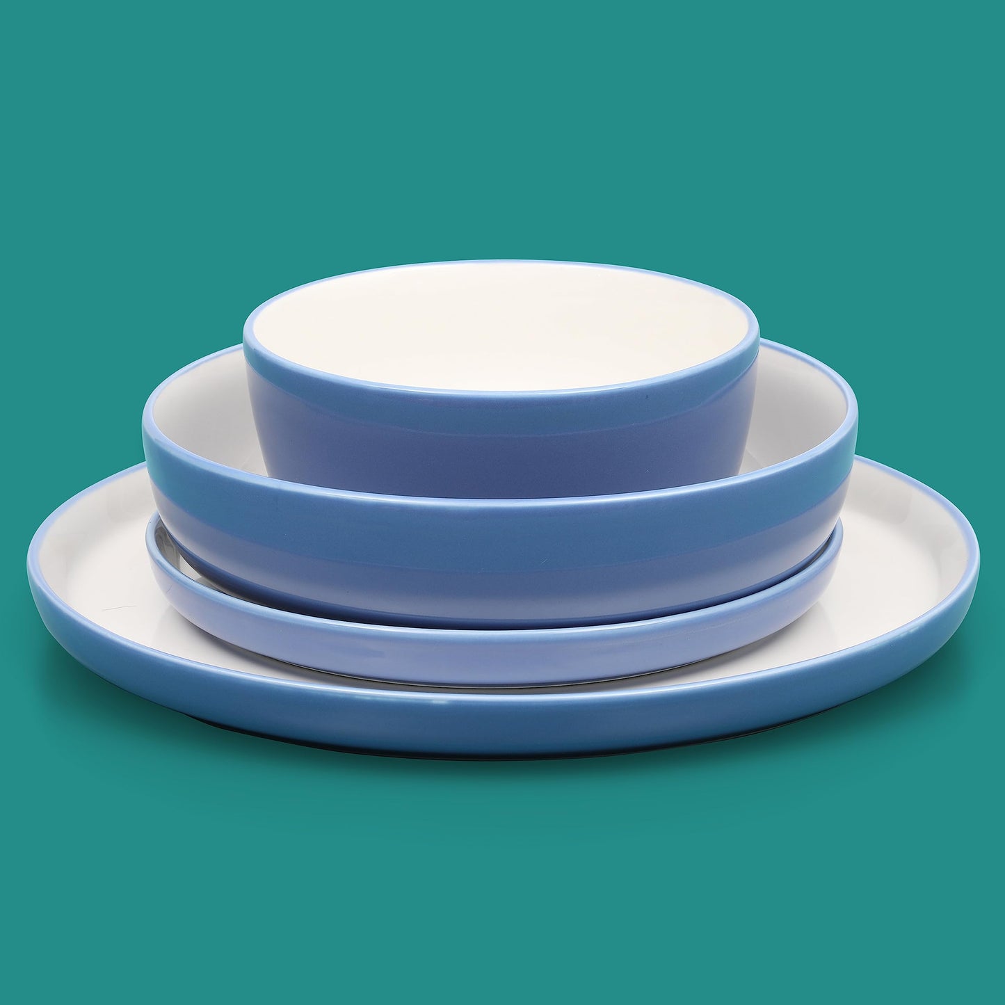 Sur La Table Kitchen Essentials Two-Tone Porcelain Dinnerware Plates and Bowls Set - Blue/White, Service for 4 (16pcs)