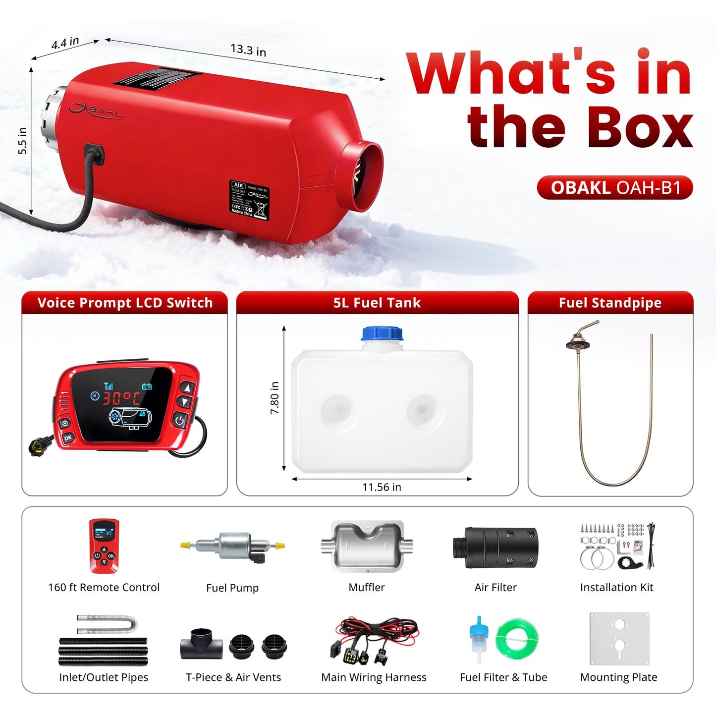 OBAKL Diesel Heater 2KW, Aluminum Housing, Diesel Air Heater 12V High Altitude, Parking Heater with Talking LCD Controller for Trucks, Campers, RVs, and Boats