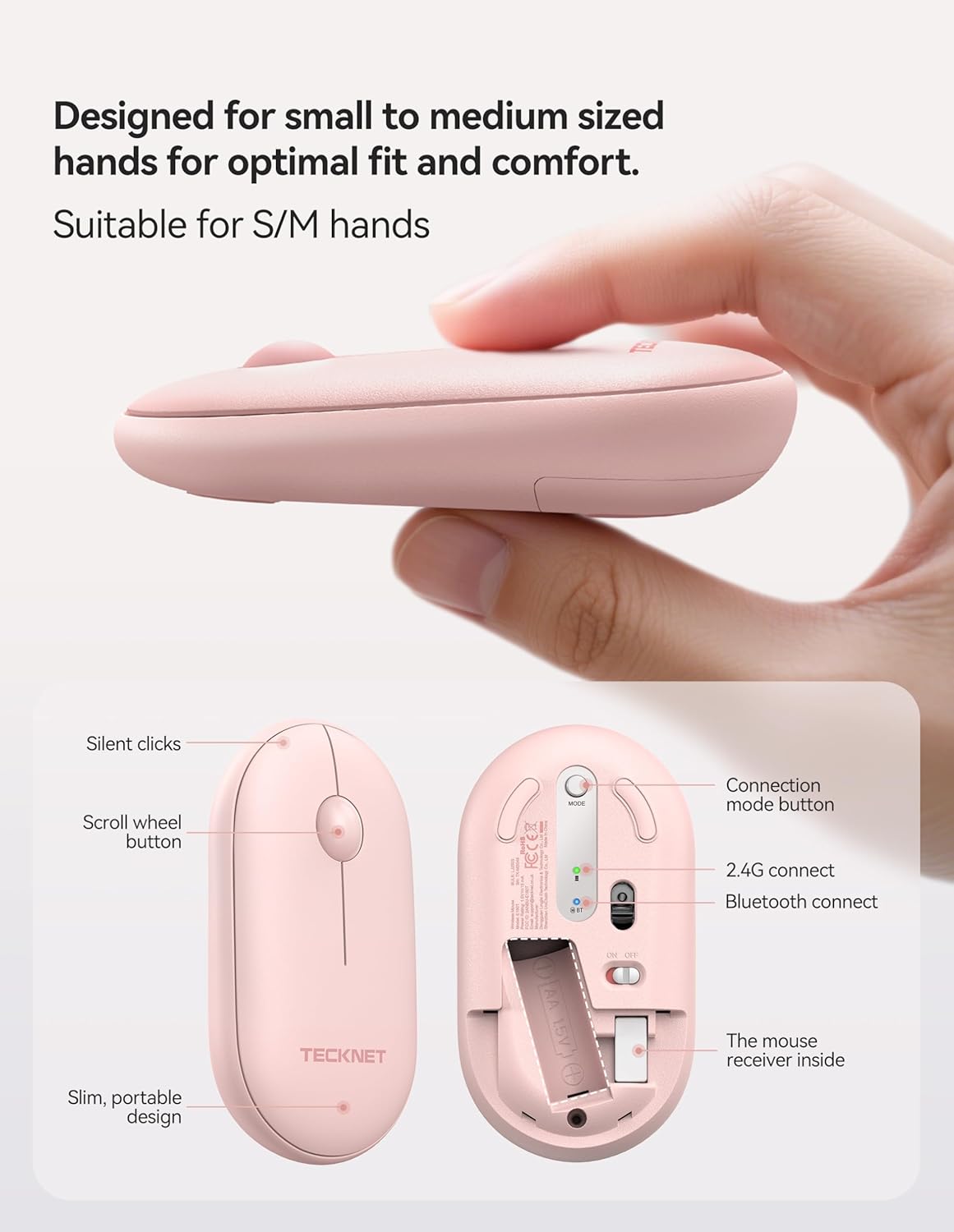 TECKNET 2 Modes(BT3.0/5.0+2.4Ghz), Bluetooth Mouse, Slim Portable Wireless Mouse for Lightweight, Contoured Grip